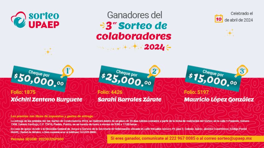 3er Sorteo de Colaboradores UPAEP: conoce a los afortunados ganadores