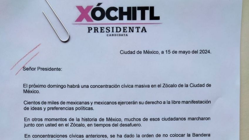 Xóchitl Gálvez pide a AMLO dejar la bandera de México en el Zócalo durante la marcha 'Marea Rosa'