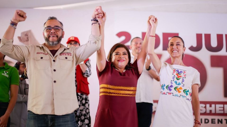 Fernando Mercado, Clara Brugada y Claudia Sheinbaum, este lunes 20 de mayo.