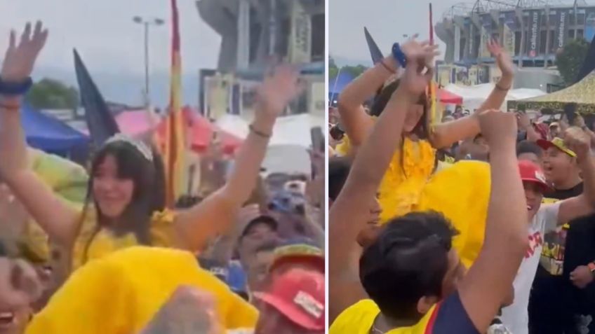 VIDEO: quinceañera con vestido de las águilas del América celebra a fuera del Estadio Azteca