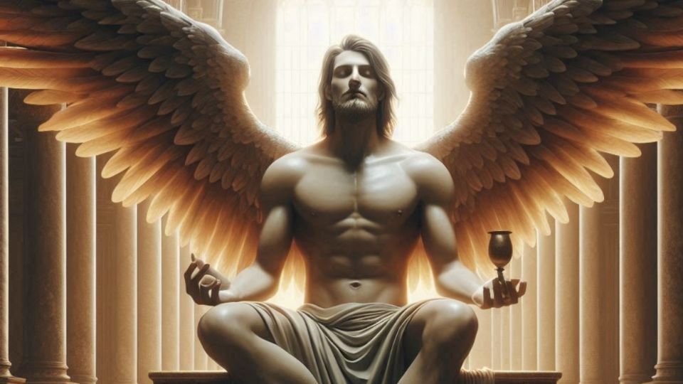 Un ángel meditando en un templo.