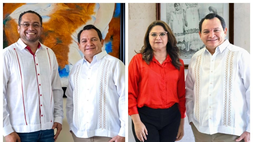 El gobernador electo de Yucatán, Joaquín 'Huacho” Díaz Mena, junto a Omar Pérez Avilés, su coordinador de Transición y Wendy Aguayo Romero, su coordinadora de Comunicación.