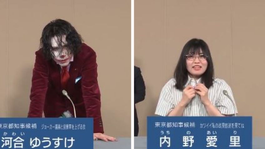 VIDEOS: Candidato a gobernador de Tokio imita al Joker en pleno debate y otra se quitó la ropa