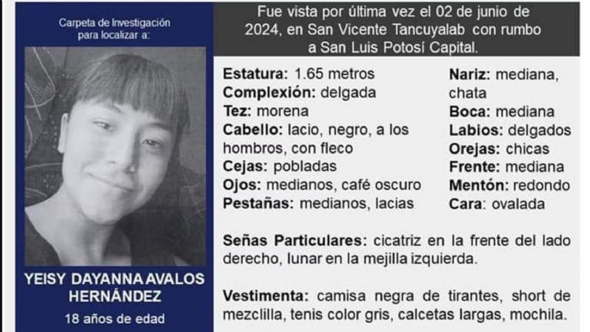 Buscan a Yeisy Dayanna Ávalos desapareció tras tomar un taxi en SLP