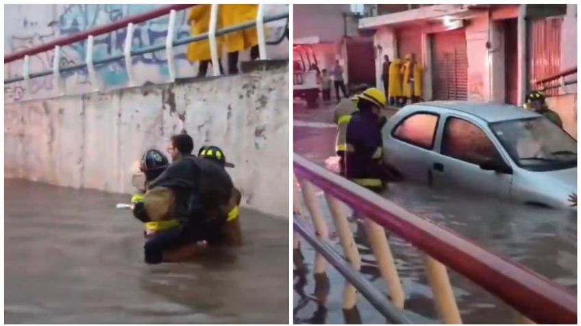 VIDEO: bomberos rescatan a joven atrapado en su auto durante inundaciones en Tecámac