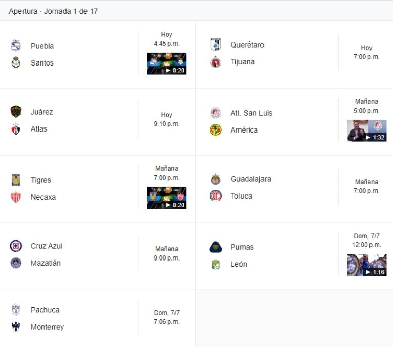 partidos jornada 1 apertura 2024 liga mx