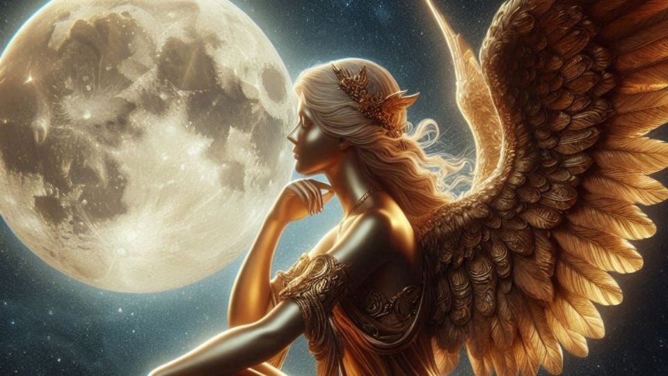 Un ángel dorado contempla la Luna Llena de julio 2024.