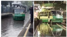 Microbusero se mete a vías del Tren Ligero, se atora y abandona la unidad