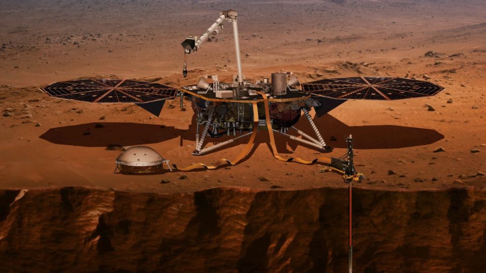 Una ilustración de la NASA muestra al dispositivo de la misión de InSight Mars en la superficie del planeta rojo.