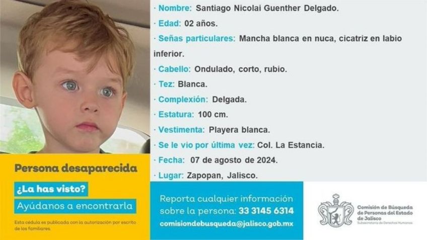 Buscan a Santiago Nicolai, menor de dos años desaparecido en Jalisco