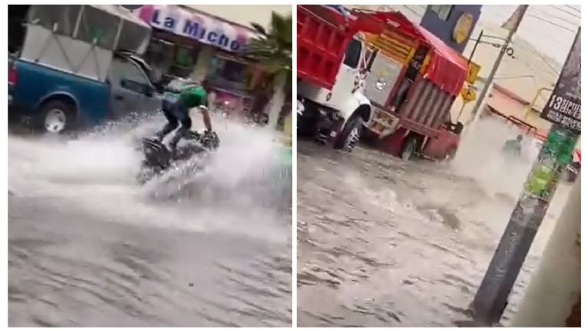 VIDEO: Sorprende en Naucalpan habilidad de motociclista que “surfea” las inundaciones