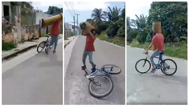 El joven tenía dificultades para huir con el tanque de gas a bordo de su bicicleta.