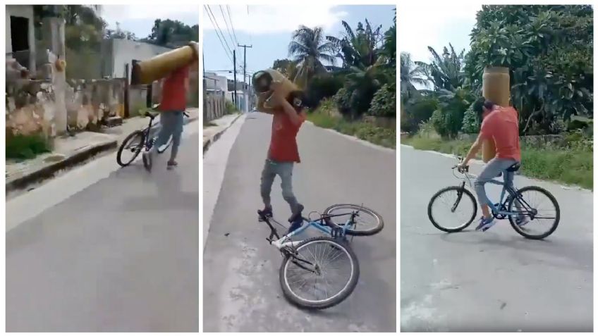 VIDEO: En bicicleta, intentaba robarse un tanque de gas y desiste cuando una mujer lo encara