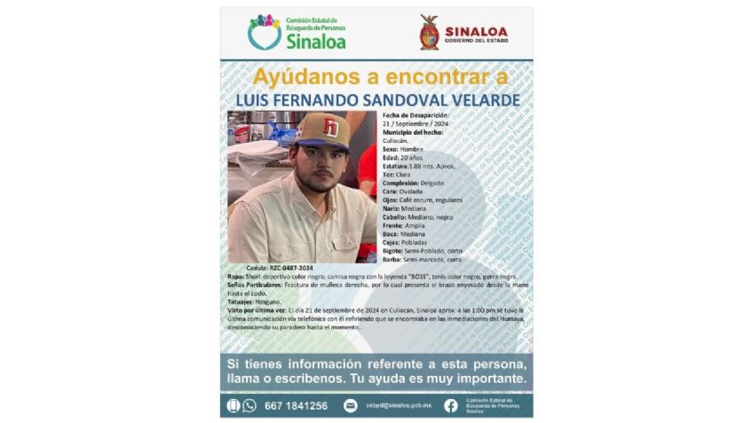 Desaparece en Culiacán Luis Fernando Sandoval Velarde, hijo de exalcalde de San Ignacio, Sinaloa