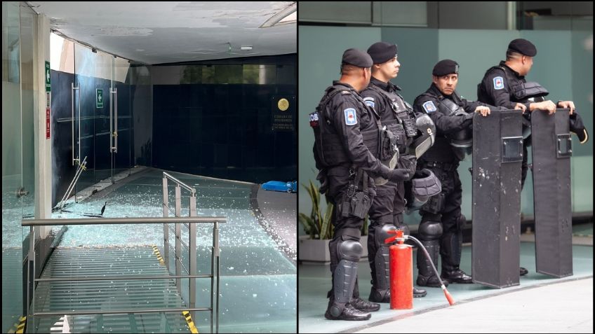 Manifestantes por Ayotzinapa arrojan petardos y rompen cristal de puerta del Senado de la República