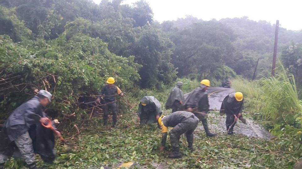 Elementos del Ejército Mexicano realizan labores de limpieza tras el paso del huracán John por el estado de Oaxaca.