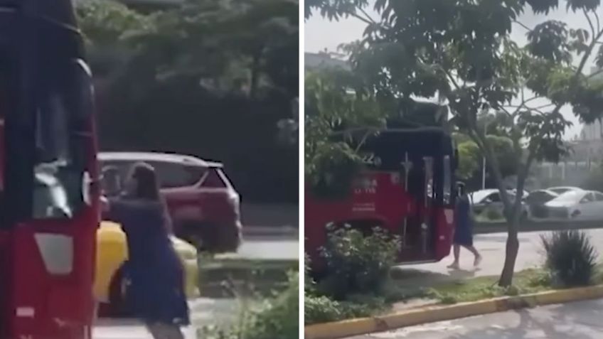 VIDEO: Mujer en Zapopan intenta detener un autobús que habría atropellado a su perrito y chofer le avienta la unidad