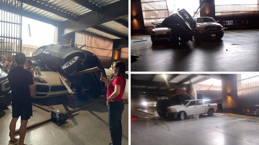 VIDEO: Mujer confunde pedales y cae con su camioneta sobre autos de lujo en un estacionamiento de Monterrey