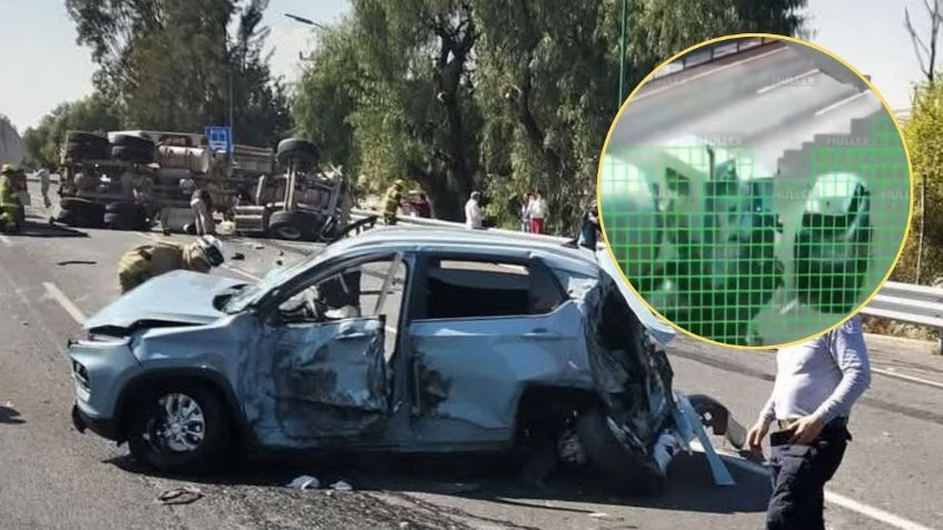 Captan en VIDEO momento exacto en que revolvedora choca contra auto y vuelca en la México-Pachuca