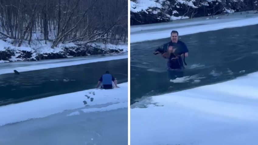 Hombre rescata a perrito que cayó en un lago congelado y su heroica acción queda grabada en VIDEO