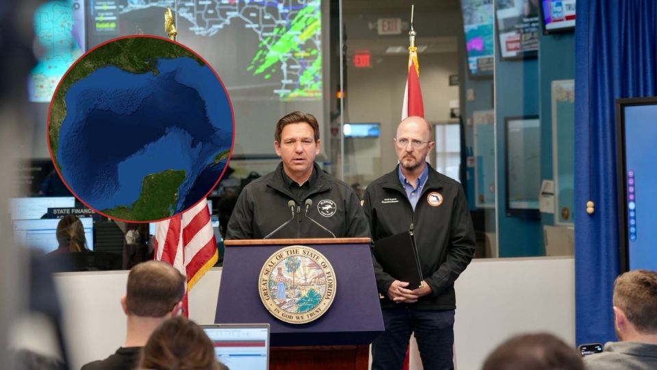 Ron DeSantis durante conferencia de prensa por la próxima tormenta invernal en Florida