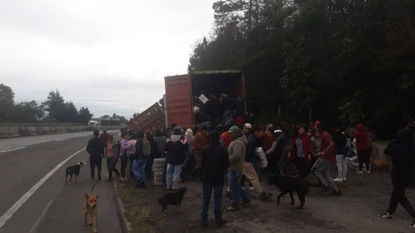 Saquean tráiler con cervezas tras volcadura en libramiento Xalapa-Perote