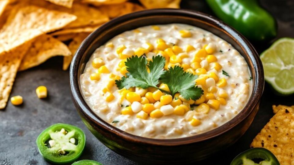 El dip de elote con crema y chile en polvo para comer durante el domingo de Super Bowl