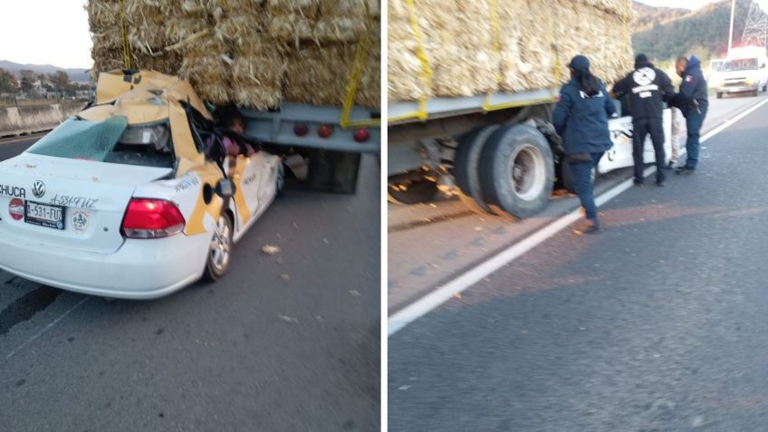 Choque entre un taxi de Pachuca y un camión con pacas de zacate deja dos muertos y una niña lesionada, en Hidalgo